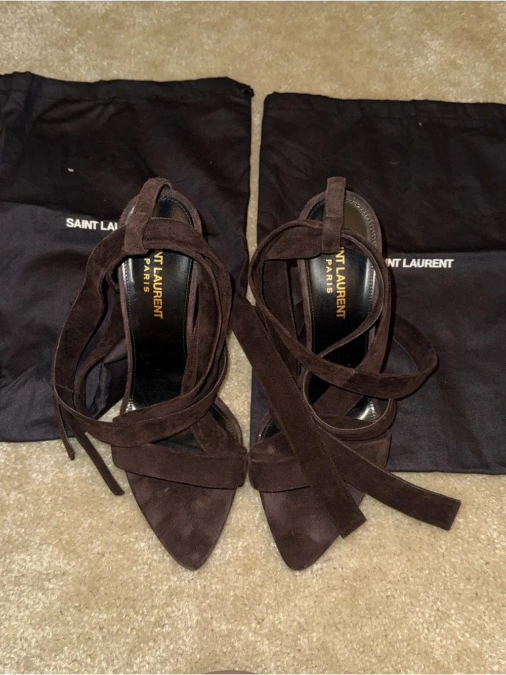Saint Laurent Brown Suede Tie-Up Ankle Strap Heels Size 38 - Picture 2 of 6